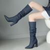 imageSHEMEE Womens Denim Knee High Boots Kitten Heels Pointed Toe Dress Jeans MidCalf Boots Zipper Fashion Tall BootsDark Blue 2