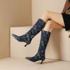 imageSHEMEE Womens Denim Knee High Boots Kitten Heels Pointed Toe Dress Jeans MidCalf Boots Zipper Fashion Tall BootsDark Blue
