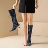 imageSHEMEE Womens Denim Knee High Boots Kitten Heels Pointed Toe Dress Jeans MidCalf Boots Zipper Fashion Tall BootsDark Blue