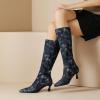 imageSHEMEE Womens Denim Knee High Boots Kitten Heels Pointed Toe Dress Jeans MidCalf Boots Zipper Fashion Tall BootsDark Blue