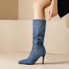 imageSHEMEE Womens Denim Knee High Boots Kitten Heels Pointed Toe Dress Jeans MidCalf Boots Zipper Fashion Tall BootsLight Blue 1