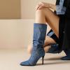 imageSHEMEE Womens Denim Knee High Boots Kitten Heels Pointed Toe Dress Jeans MidCalf Boots Zipper Fashion Tall BootsLight Blue 1