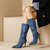 imageSHEMEE Womens Denim Knee High Boots Kitten Heels Pointed Toe Dress Jeans MidCalf Boots Zipper Fashion Tall BootsLight Blue 1