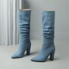 imageSHEMEE Womens Denim Knee High Boots Kitten Heels Pointed Toe Dress Jeans MidCalf Boots Zipper Fashion Tall BootsLight Blue 2
