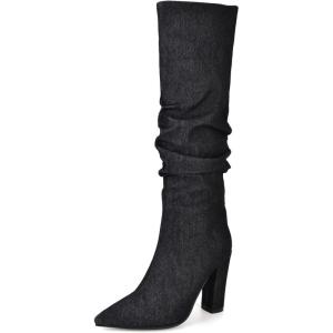 imageSHEMEE Womens Denim Knee High Boots Kitten Heels Pointed Toe Dress Jeans MidCalf Boots Zipper Fashion Tall BootsBlack 2