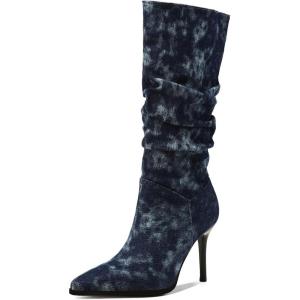 imageSHEMEE Womens Denim Knee High Boots Kitten Heels Pointed Toe Dress Jeans MidCalf Boots Zipper Fashion Tall BootsDark Blue 1