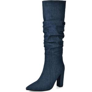 imageSHEMEE Womens Denim Knee High Boots Kitten Heels Pointed Toe Dress Jeans MidCalf Boots Zipper Fashion Tall BootsDark Blue 2