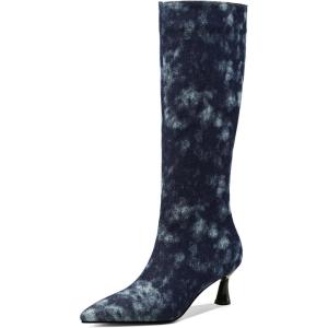 imageSHEMEE Womens Denim Knee High Boots Kitten Heels Pointed Toe Dress Jeans MidCalf Boots Zipper Fashion Tall BootsDark Blue
