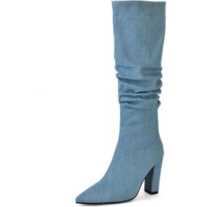imageSHEMEE Womens Denim Knee High Boots Kitten Heels Pointed Toe Dress Jeans MidCalf Boots Zipper Fashion Tall BootsLight Blue 2