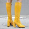 imageSHEMEE Womens Pointed Toe Chunky High Heel Knee High Boots Block Heeled Gogo Boot Shoes with Side ZipperYellow