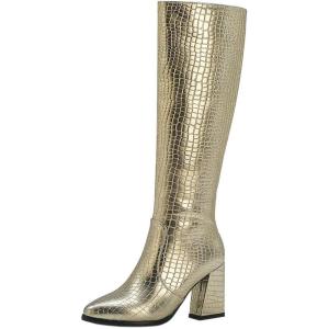 imageSHEMEE Womens Pointed Toe Chunky High Heel Knee High Boots Block Heeled Gogo Boot Shoes with Side ZipperGold