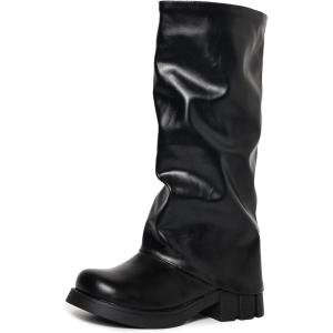 imageSHEMEE Fold Over Knee High Boots Womens Chunky Mid Heels Shark Boots Round Square Toe Platform Block Heel Slouchy Knee High Boot Tall Pull On ShoesBlack