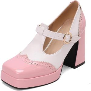 imageSHEMEE Mary Jane TStrap Oxford Shoes for Women MultiColor Oxford Heels Square Toe Chunky High Heels Platform Pumps Brock Design Casual Ladies Parties Dress Girls School ShoesPinkWhite