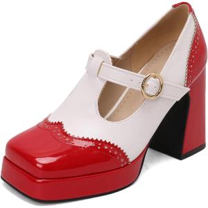imageSHEMEE Mary Jane TStrap Oxford Shoes for Women MultiColor Oxford Heels Square Toe Chunky High Heels Platform Pumps Brock Design Casual Ladies Parties Dress Girls School ShoesRedWhite