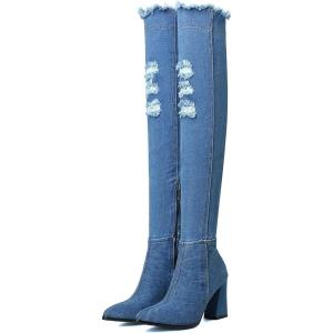 imageSHEMEE Chunky High Heels Denim Boot for Women Pointy Toe Block Heeled Dress Jeans BootsDark Blue Long