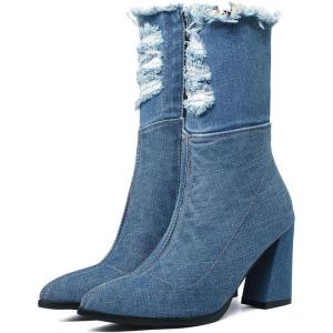 imageSHEMEE Chunky High Heels Denim Boot for Women Pointy Toe Block Heeled Dress Jeans BootsDark Blue Short