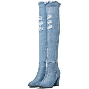 imageSHEMEE Chunky High Heels Denim Boot for Women Pointy Toe Block Heeled Dress Jeans BootsLight Blue Long
