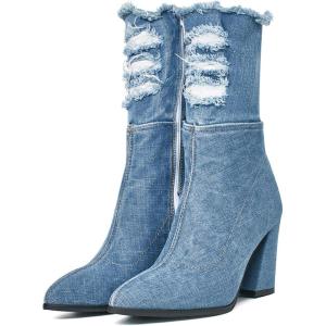 imageSHEMEE Chunky High Heels Denim Boot for Women Pointy Toe Block Heeled Dress Jeans BootsLight Blue Short