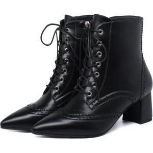 imageSHEMEE Womens Victorian Ankle Boots Lace UP Combat Boots for Women Booties Side Zipper Block Chunky Mid Heels Wingtip Oxford Boot Renaissance ShoesBlack