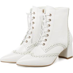 imageSHEMEE Womens Victorian Ankle Boots Lace UP Combat Boots for Women Booties Side Zipper Block Chunky Mid Heels Wingtip Oxford Boot Renaissance ShoesWhite