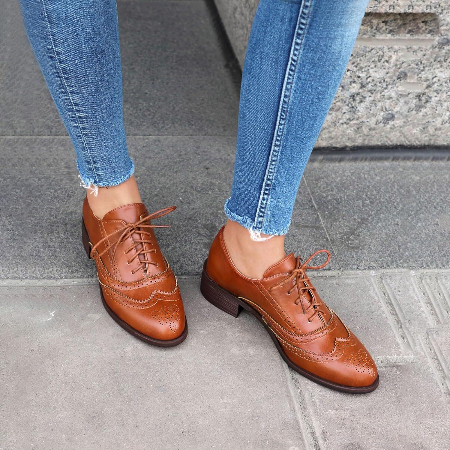 image:imageSHEMEE Womens Chunky Low Heels Oxfords Saddle Shoes Creeper Vintage Wingtip Brogues Perforated Flats Lace Up Pumps BrownUS 85