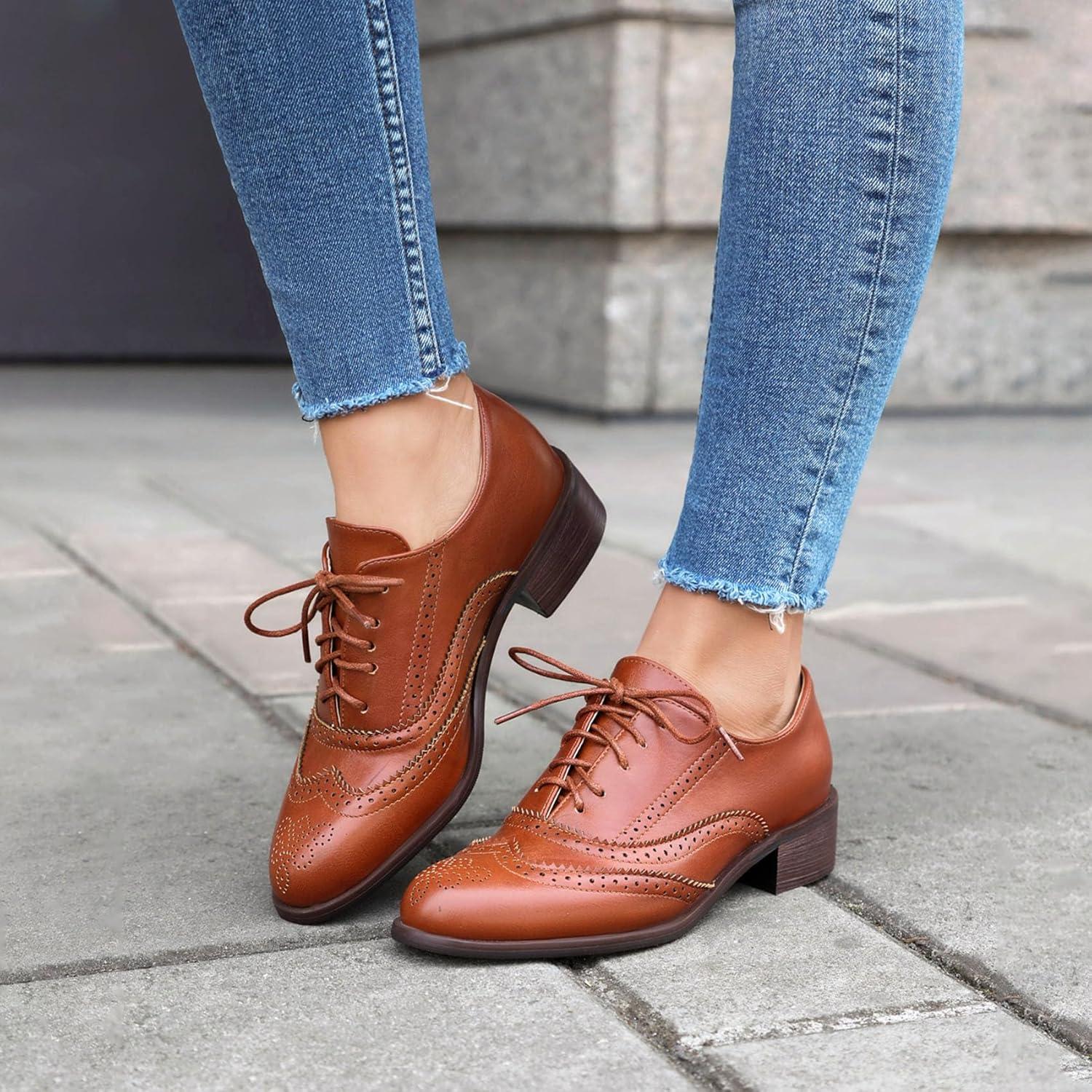 image:imageSHEMEE Womens Chunky Low Heels Oxfords Saddle Shoes Creeper Vintage Wingtip Brogues Perforated Flats Lace Up Pumps BrownUS 85