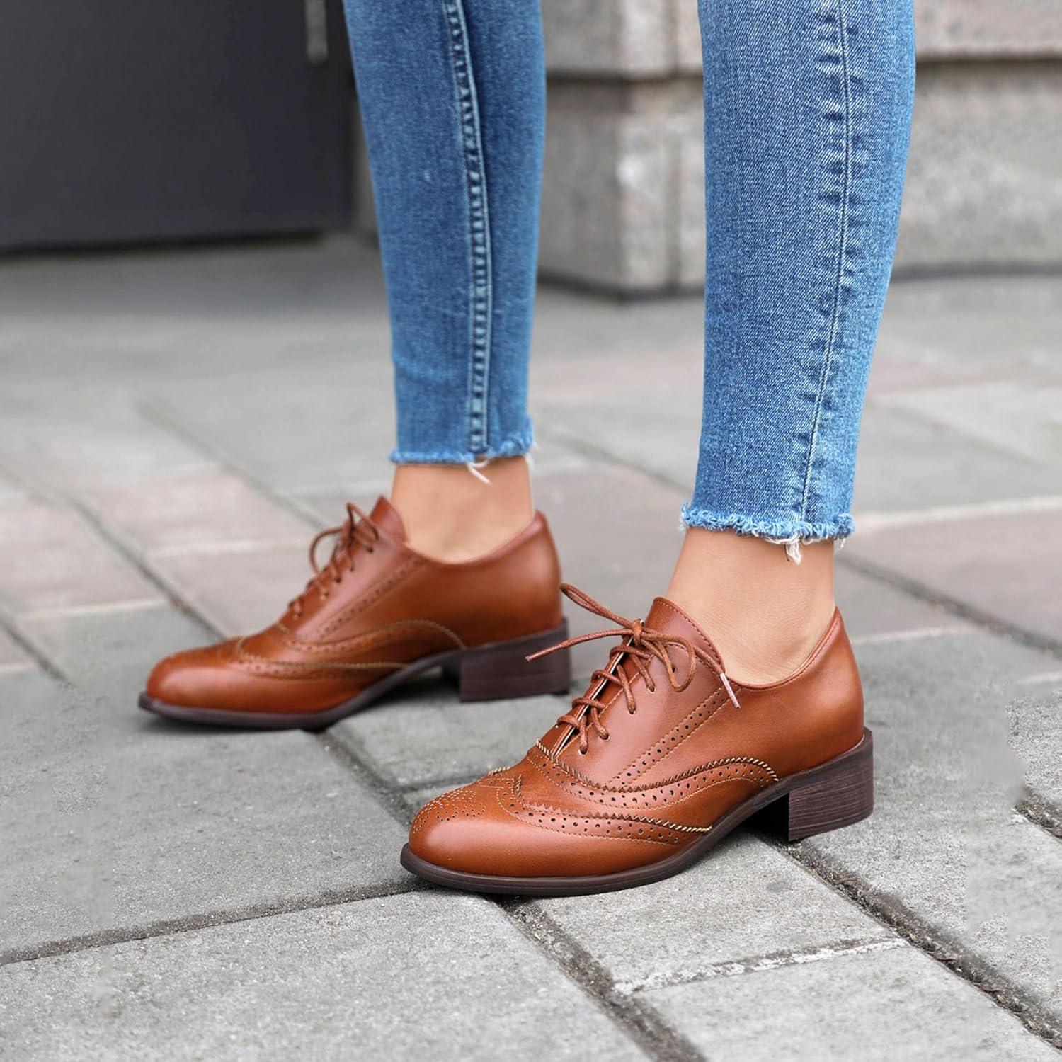 image:imageSHEMEE Womens Chunky Low Heels Oxfords Saddle Shoes Creeper Vintage Wingtip Brogues Perforated Flats Lace Up Pumps BrownUS 85