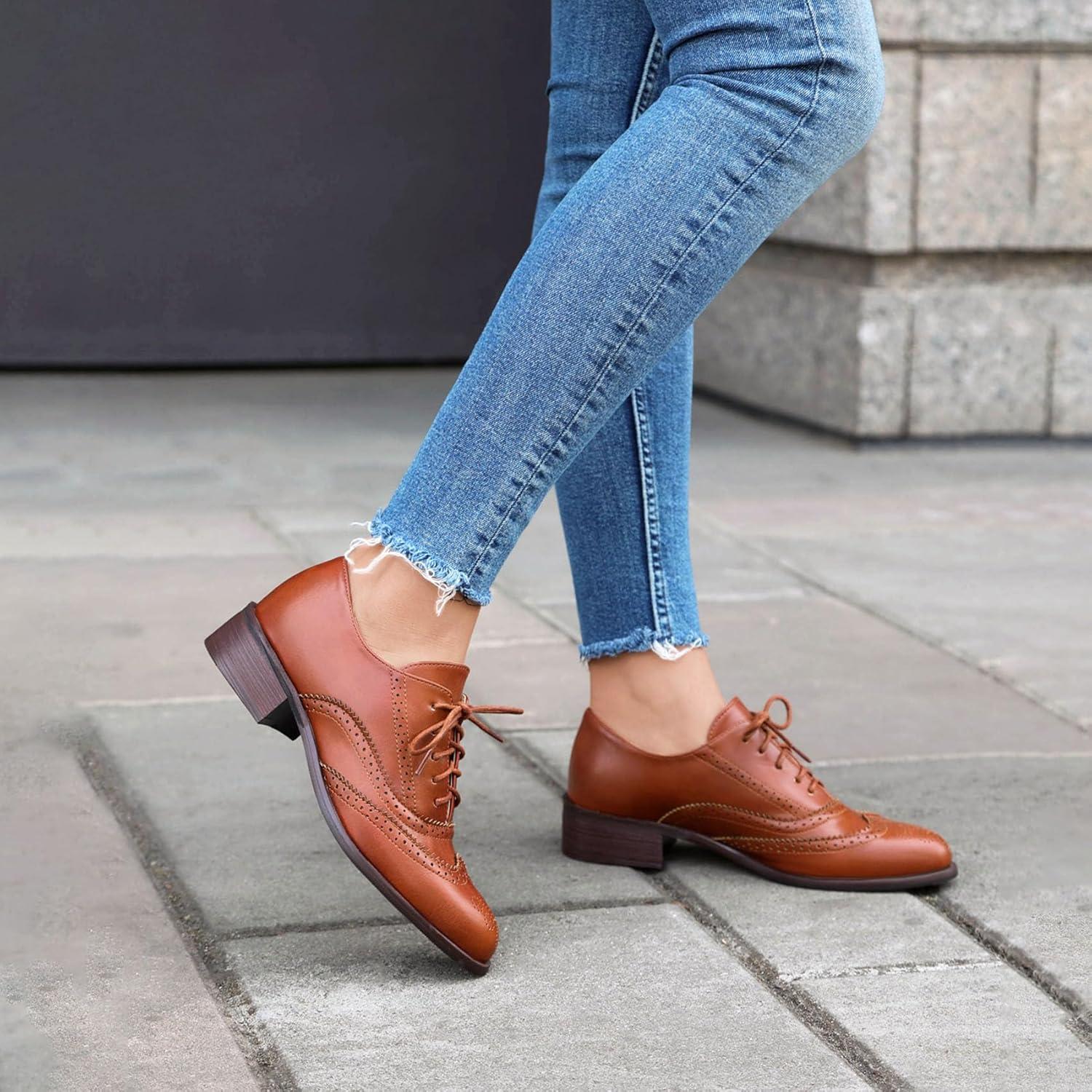 image:imageSHEMEE Womens Chunky Low Heels Oxfords Saddle Shoes Creeper Vintage Wingtip Brogues Perforated Flats Lace Up Pumps BrownUS 85