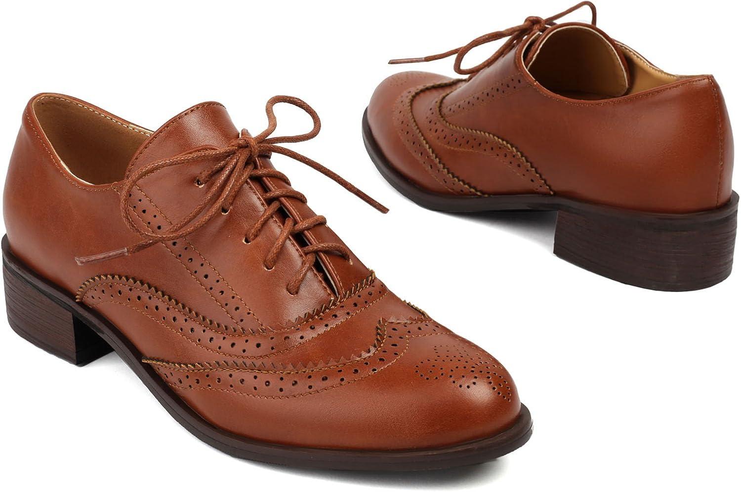 image:imageSHEMEE Womens Chunky Low Heels Oxfords Saddle Shoes Creeper Vintage Wingtip Brogues Perforated Flats Lace Up Pumps BrownUS 85