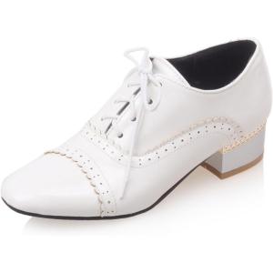 image:imageSHEMEE Chunky Heels Oxfords for Women Patent Leather Mid Low Heels Pumps Retro Wingtip Laced Brogues Shoes WhiteSize 95