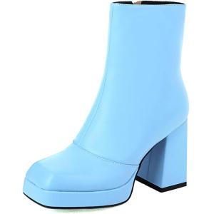 image:imageSHEMEE Womens Square Toe Chunky High Heel Platform Ankle Booties Block Heeled Side Zipper Short Boots ShoesBlue