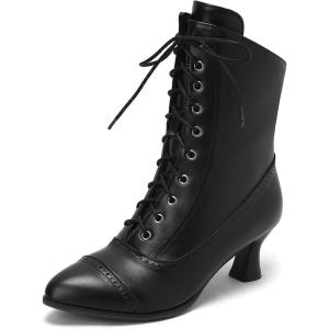 image:imageSHEMEE Kitten Heels Ankle Boots for Women Vintage Victorian Style LaceUp Booties Mid Heels Zipper Shoes with Buckled