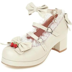 image:imageSHEMEE Women Cute Shoes Kawaii Pumps Mid Block Heel Mary Janes Platform Sweet Lolita Cosplay Dress Shoes Ankle Strap Pumps with Bow1beige