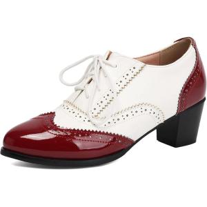 image:imageSHEMEE Vintage Wingtip Oxfords Heels for Women Brogues Chunky Mid Heel Lace Up Oxford Pumps Block Heels Classic Loafers Brock Design Derby ShoesPatentburgundyWhite