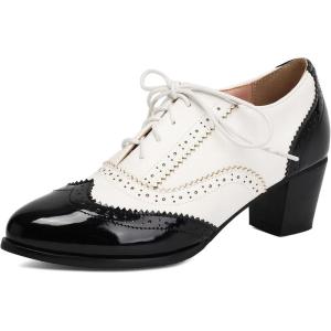 image:imageSHEMEE Vintage Wingtip Oxfords Heels for Women Brogues Chunky Mid Heel Lace Up Oxford Pumps Block Heels Classic Loafers Brock Design Derby ShoesPatentblackWhite