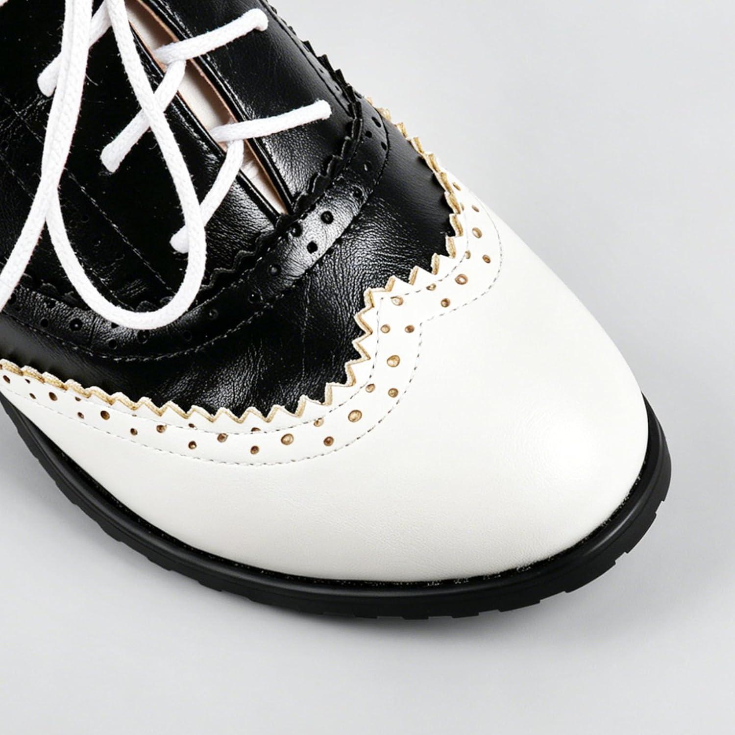 image:imageSHEMEE Womens Retro Wingtip Block Heel Lace Up Oxfords Stacked Chunky High Heels Pumps Vintage Round Toe Brogues Dress ShoesWhiteBlack