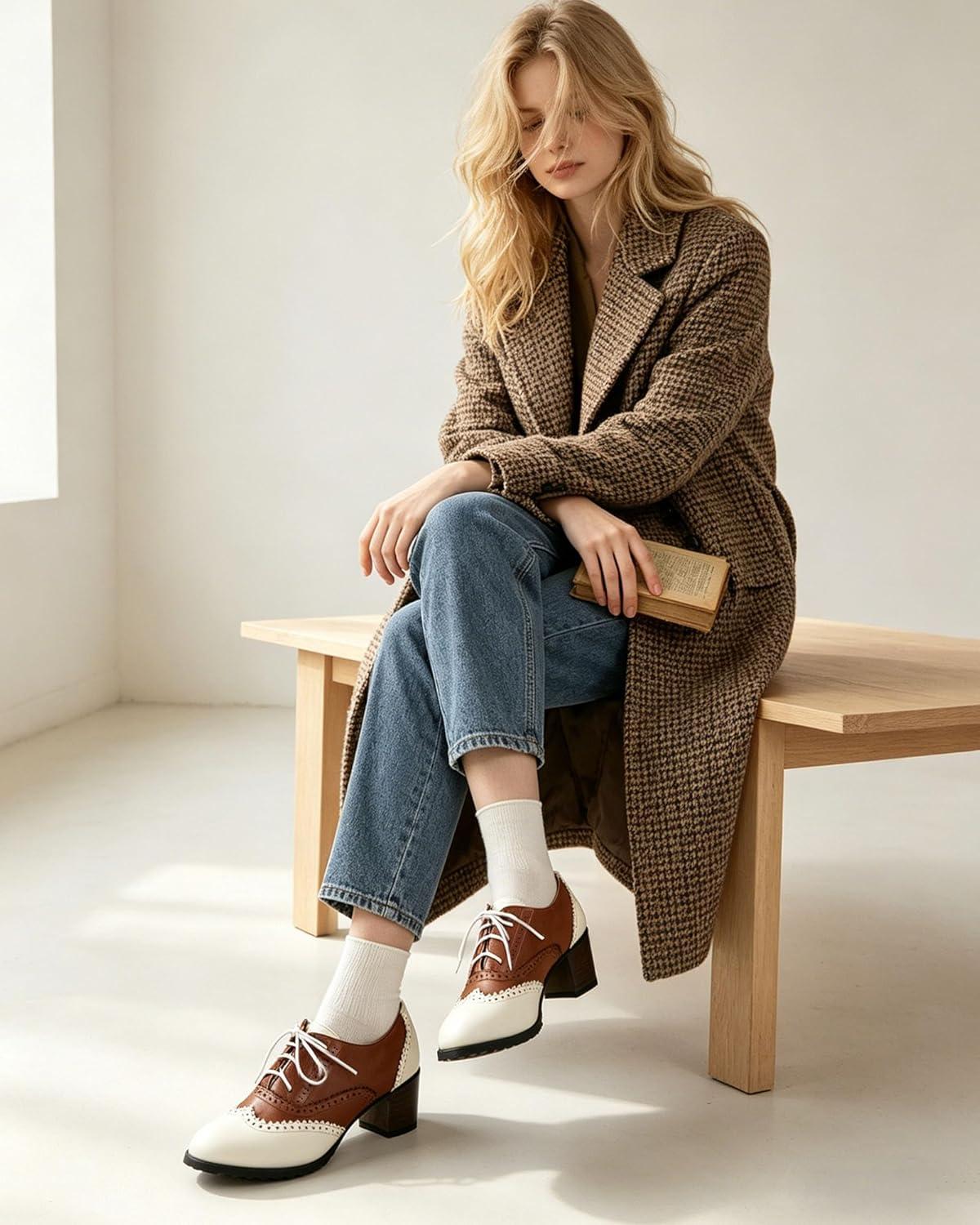 image:imageSHEMEE Womens Retro Wingtip Block Heel Lace Up Oxfords Stacked Chunky High Heels Pumps Vintage Round Toe Brogues Dress ShoesWhiteBrown