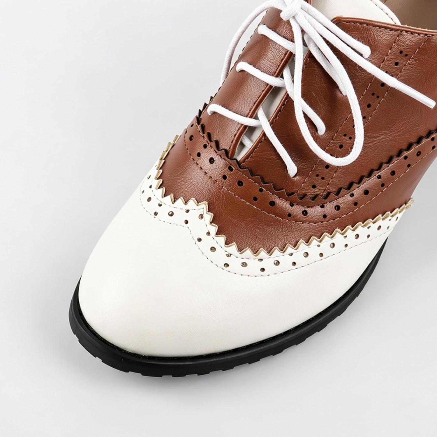 image:imageSHEMEE Womens Retro Wingtip Block Heel Lace Up Oxfords Stacked Chunky High Heels Pumps Vintage Round Toe Brogues Dress ShoesWhiteBrown
