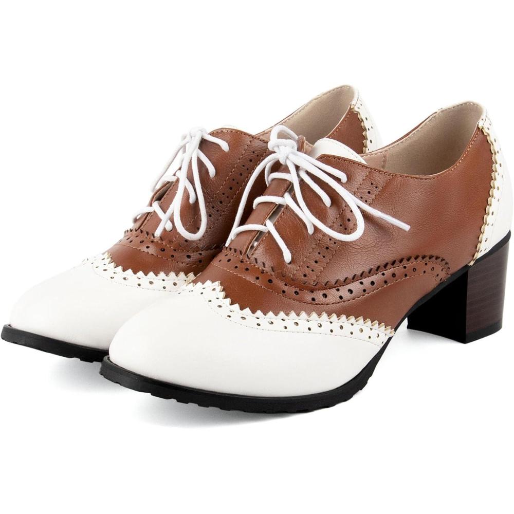 image:imageSHEMEE Womens Retro Wingtip Block Heel Lace Up Oxfords Stacked Chunky High Heels Pumps Vintage Round Toe Brogues Dress ShoesWhiteBrown