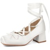image:imageSHEMEE Satin Ballerina Heels for Women Chunky Block Heel Ribbon Pumps Square Toe Ballet Heels Lace Up Lolita Cosplay Court Fairy Shoes Unique Y2K Gothic Bow Heel Dressy ShoeBeigeWhite