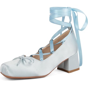 image:imageSHEMEE Satin Ballerina Heels for Women Chunky Block Heel Ribbon Pumps Square Toe Ballet Heels Lace Up Lolita Cosplay Court Fairy Shoes Unique Y2K Gothic Bow Heel Dressy ShoeBlue