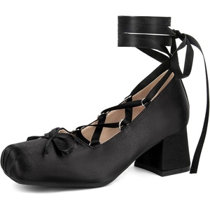 image:imageSHEMEE Satin Ballerina Heels for Women Chunky Block Heel Ribbon Pumps Square Toe Ballet Heels Lace Up Lolita Cosplay Court Fairy Shoes Unique Y2K Gothic Bow Heel Dressy ShoeBlack