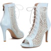 image:imageSHEMEE Womens Lace Heels Stiletto Ankle Boots Mesh Peep Toe Heeled Sandals  Dance ShoesLace Up HeelsBack Zipper Short BootiesFishnet Round Open Toe Hooker HeelsWedding Boots Stripper Heels BridalLight Blue