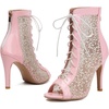 image:imageSHEMEE Womens Lace Heels Stiletto Ankle Boots Mesh Peep Toe Heeled Sandals  Dance ShoesLace Up HeelsBack Zipper Short BootiesFishnet Round Open Toe Hooker HeelsWedding Boots Stripper Heels BridalPink