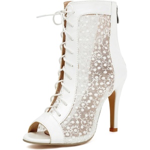 image:imageSHEMEE Womens Lace Heels Stiletto Ankle Boots Mesh Peep Toe Heeled Sandals  Dance ShoesLace Up HeelsBack Zipper Short BootiesFishnet Round Open Toe Hooker HeelsWedding Boots Stripper Heels BridalWhite