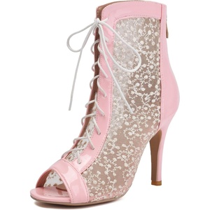 image:imageSHEMEE Womens Lace Heels Stiletto Ankle Boots Mesh Peep Toe Heeled Sandals  Dance ShoesLace Up HeelsBack Zipper Short BootiesFishnet Round Open Toe Hooker HeelsWedding Boots Stripper Heels BridalPink