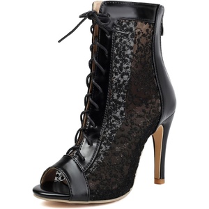 image:imageSHEMEE Womens Lace Heels Stiletto Ankle Boots Mesh Peep Toe Heeled Sandals  Dance ShoesLace Up HeelsBack Zipper Short BootiesFishnet Round Open Toe Hooker HeelsWedding Boots Stripper Heels BridalBlack
